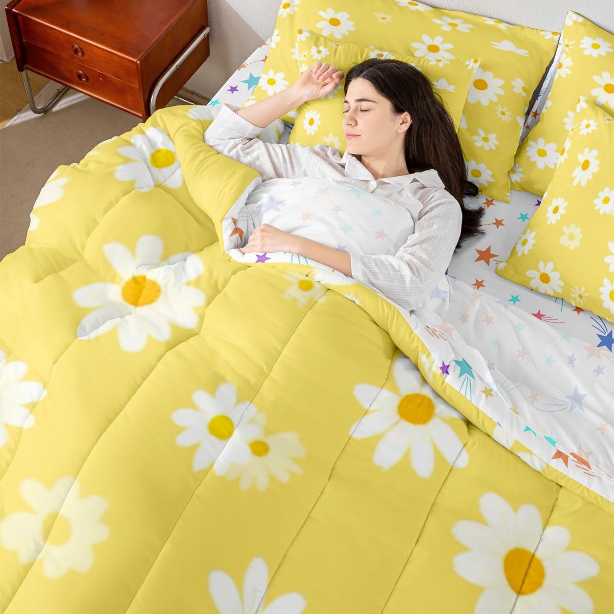 Erosebridal Cute Daisy 7 Pcs Bedding Set Twin Size for Teen Girls White Yellow Comforter Set with Sheets for Kids Women Groovy Floral Bed in A Bag Trendy Coquette Flower Bed Sets All Season