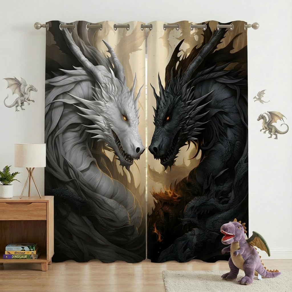 Dragon Blackout Curtains for Girls Boy Home Decor, Fantasy Medieval Magical Black White Dragon Grommet Thermal Insulated Drapes Darkening Window Curtain for Bedroom Living Room, 42 x 45 Inch