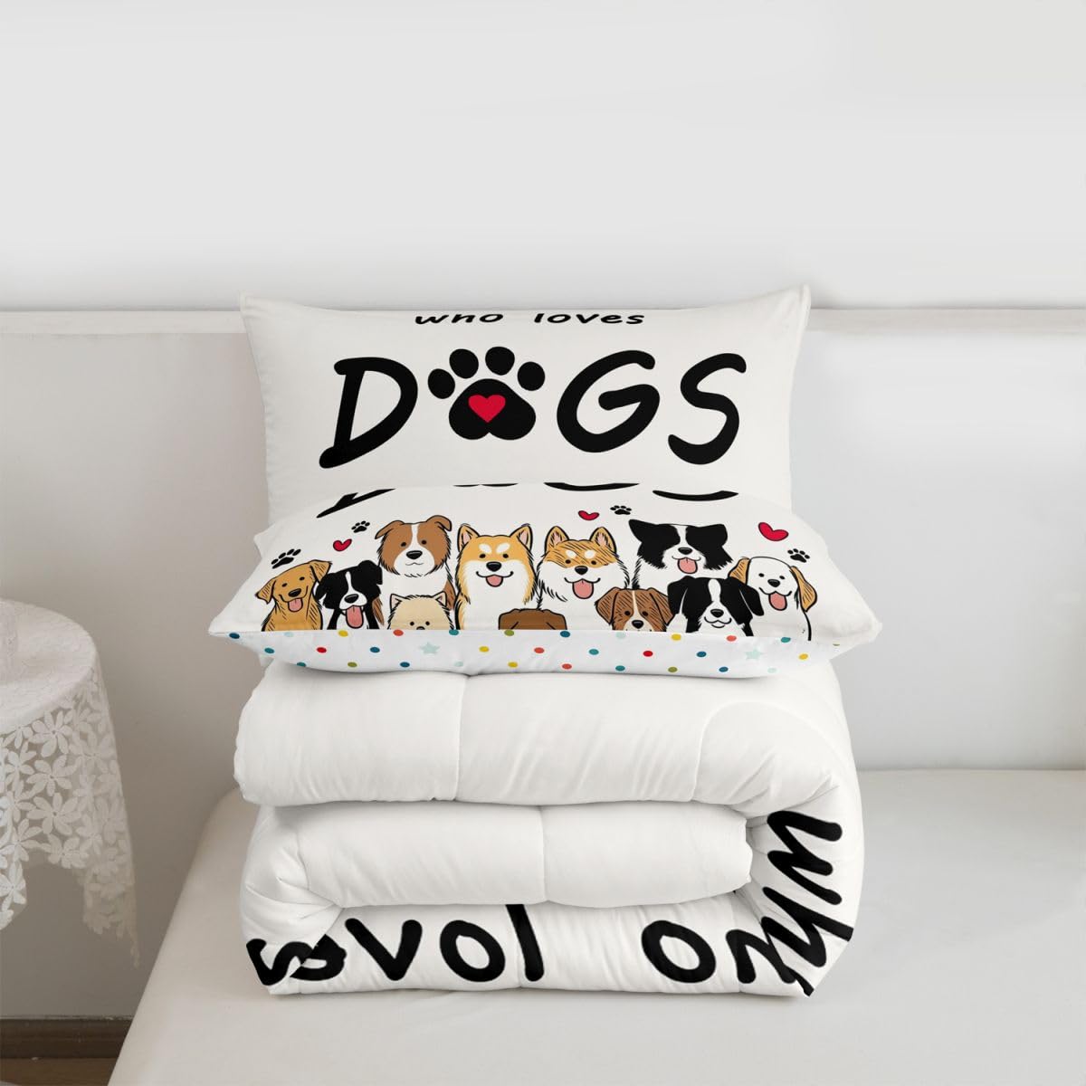 jejeloiu Cute Dog Comforter Set All Season Puppy Dog Bedding Set with 2 Pillow Cases Kawaii Animals Decor Microfiber Kids Queen Bedclothes Bedroom Decor Duvet Quilt Breathable Soft Lightweight
