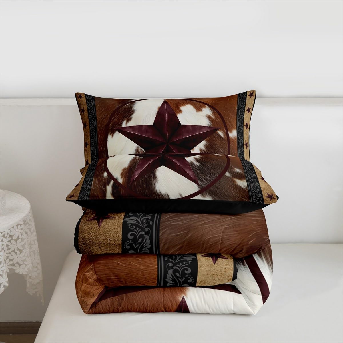 jejeloiu Western Texas Star Comforter Set Queen Size Cowhide Bedding Set for Kids Boys Girls Farmhouse Rustic Duvet Quilt Cow Fur Print Bedroom Decor Microfiber 3 Pcs with 2 Pillow Cases