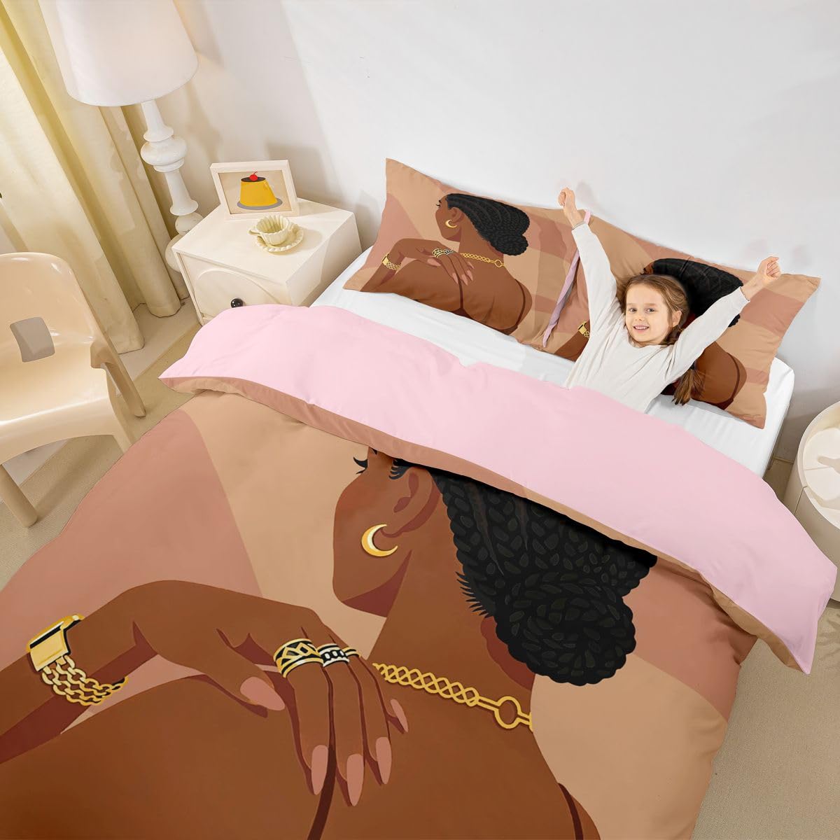 Erosebridal Fashion Black Woman Bedding Set Full Size 3 Piece Romantic Makeup Themed Girls Duvet Cover Fashionable Gorgeous Comforter Cover Vogue Afro Girls Bed Set for Kids Teens Adult Bedroom