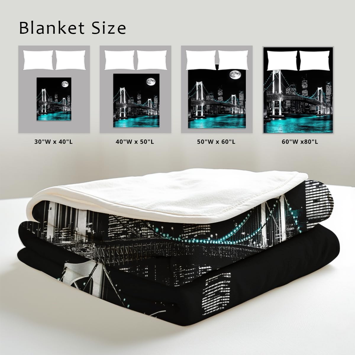 HUNXIAOJ New York City Building Blanket for Bed Couch Cityscape Blanket Throw Black White Teal Decor Flannel Prints Bedding Home Decor (49"x59")