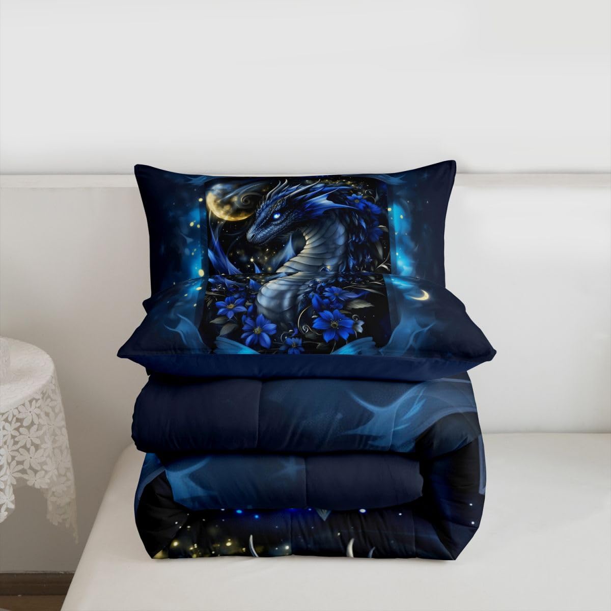 Feelyou Dragon Bedding Set Soft for Boys Girls, Wild Life Comforter Set Twin Size Jungle Dragon Duvet Quilt Microfiber Wild Animal Bedroom Decor Dull Blue 2 Pcs with 1 Pillow Cases