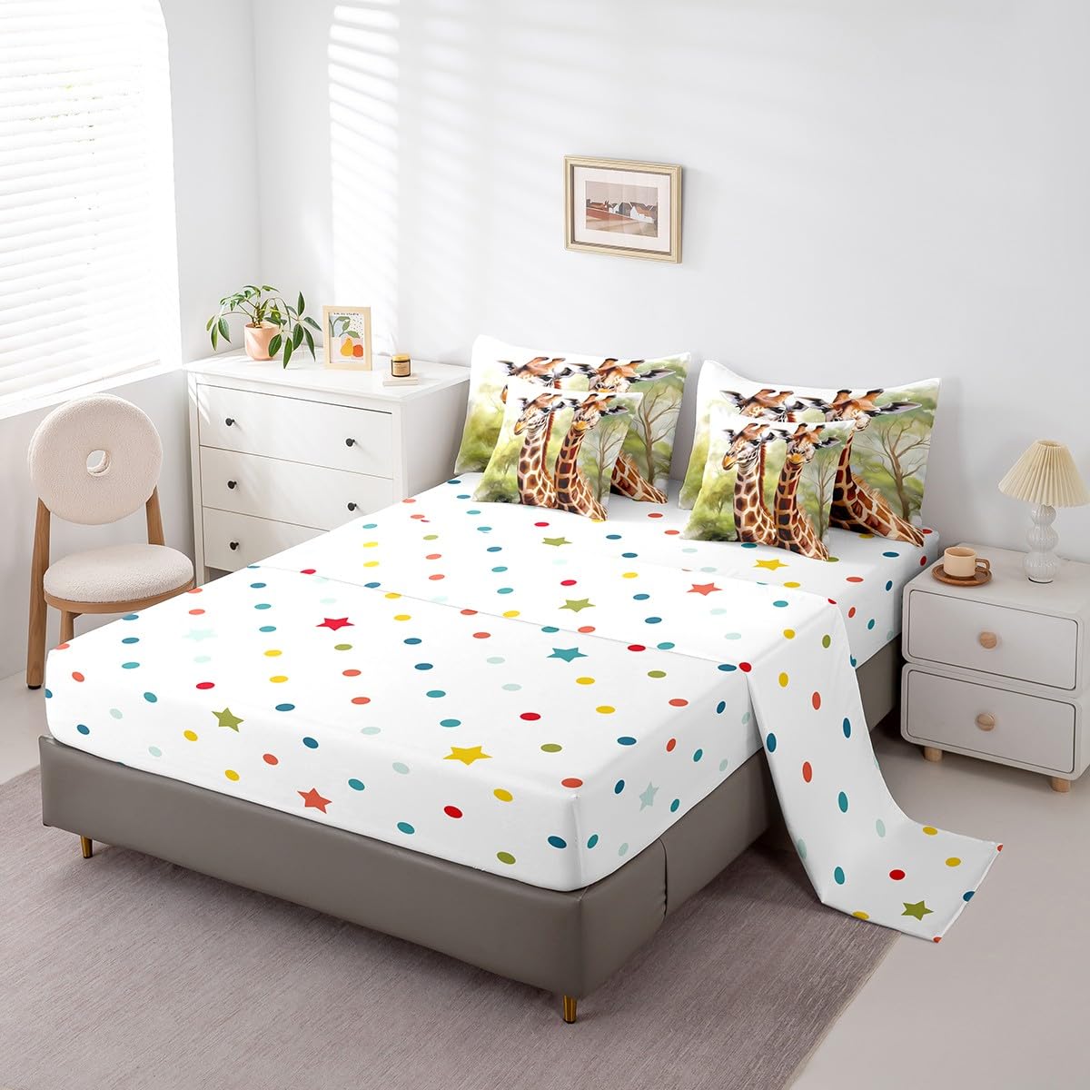 Erosebridal 7 Piece Giraffe Twin Comforter Set with Sheets,Cute Giraffe Bedding Set for Kids Girls Boys,Zoo Animal Print Bed Set,Wild Animals Safari Bed in a Bag with Fitted+Flat Sheet,Pillowcases
