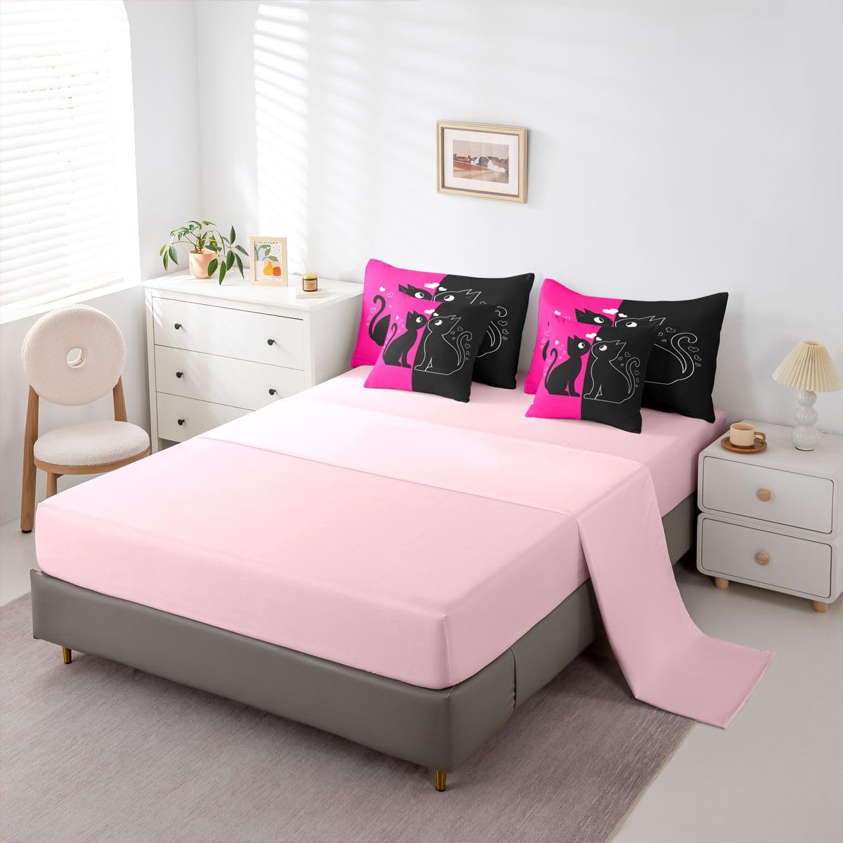Cute Black Cat 7-Piece Bedding Set Full Size (Hot Pink and Black) | Valentine's Day Cats Bed in a Bag for Couple Lovers Romantic Cats Comforter Set with Sheets Kawaii Pet Animal Duvet Insert