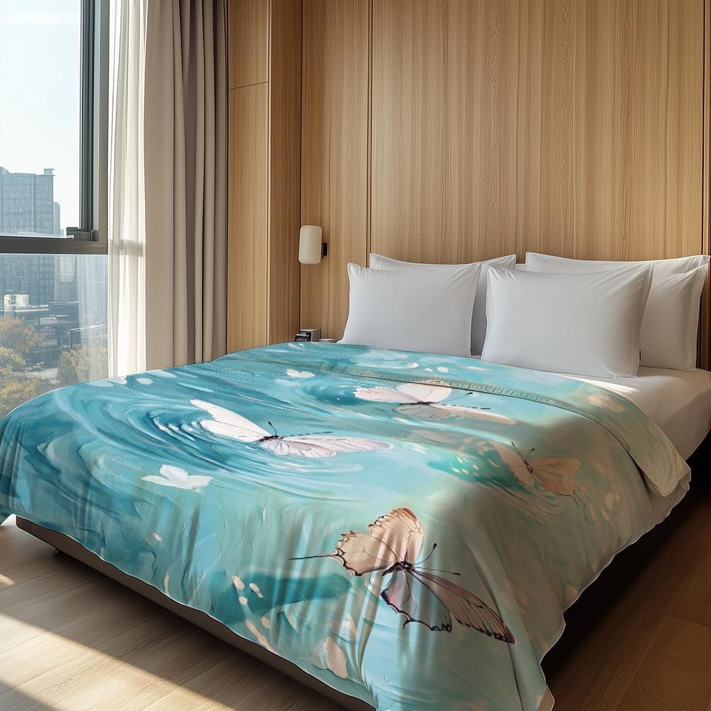 HUNXIAOJ Butterfly Print Throw Blanket Floral Butterfly Blanket Insect Throw Warm Soft Flannel for Adults Bed Sofa Couch (50 in x 60 in)