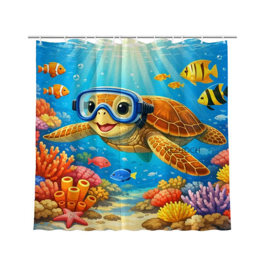 REZHOCH Kids Ocean Shower Curtain 72x72Inch Fun Sea Turtle Snorkeling Underwater Tropical Fish Coral Reef Home Bathroom Decor,Boy Girl Cartoon Animal Coastal Bath Set with Hooks