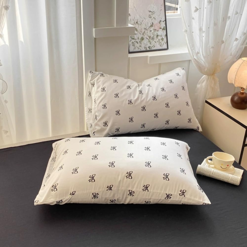 Sedefen Bow Duvet Cover Queen Size Black Bows Printed on White Duvet Cover Set Cute Kawaii Soft Breathable Microfiber Reversible Bedding Set Gift for Women Girls 3Pcs with 2 Pillowcases