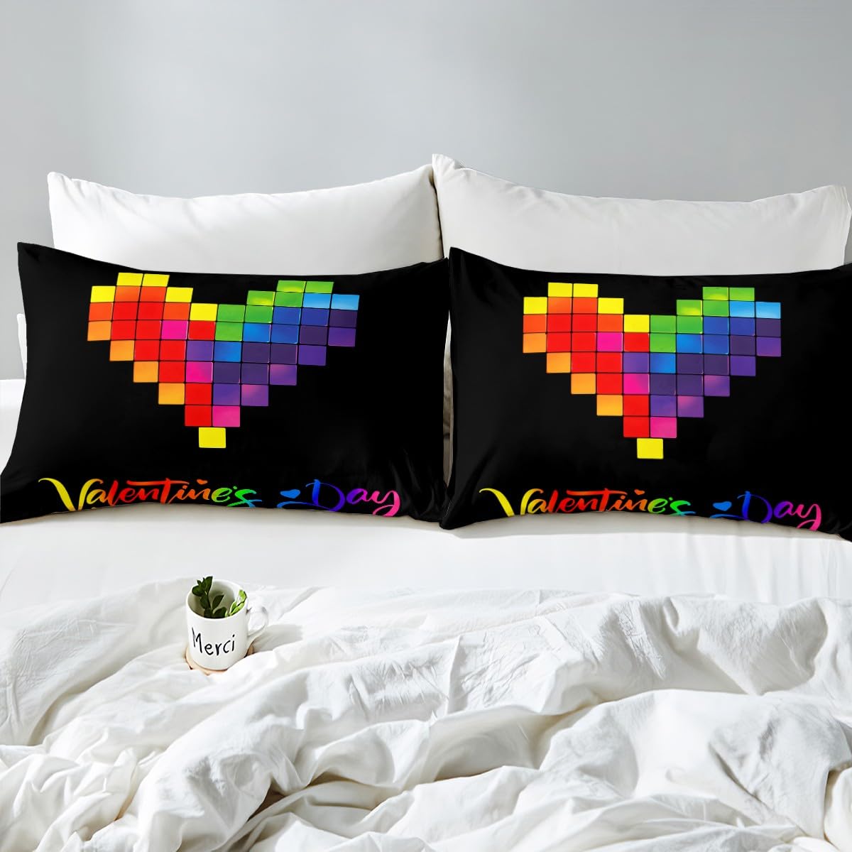Feelyou Boys Girls Valentine's Day Bedding Set Full Size, Rainbow Bed Sheet Set Love Heart Fitted Sheet Kids Romantic Teens Bed Cover Bedroom Decor Lightweight Bed Set (No Flat Sheet)