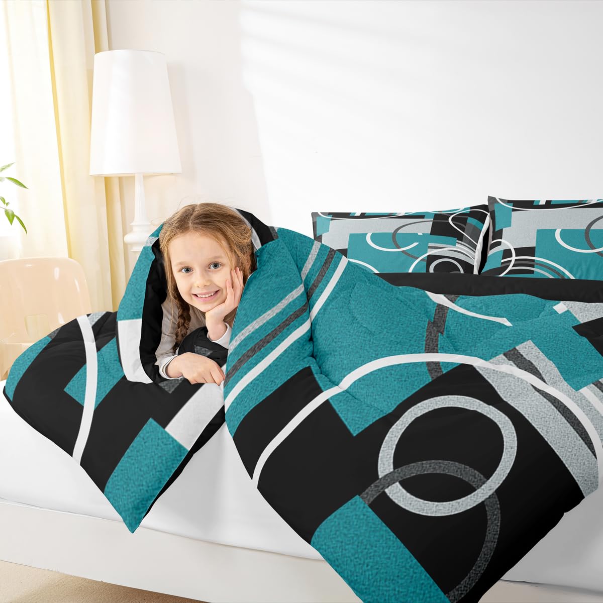Erosebridal Modern Turquoise Decor Comforter Queen Geometric Circles Gird Bedding Set For Boys Girls Kids Teens Adult Black Grey Down Stripe Swirls Duvet Graphic Texture Quilted (GHS2936XXY-BZ_USq)