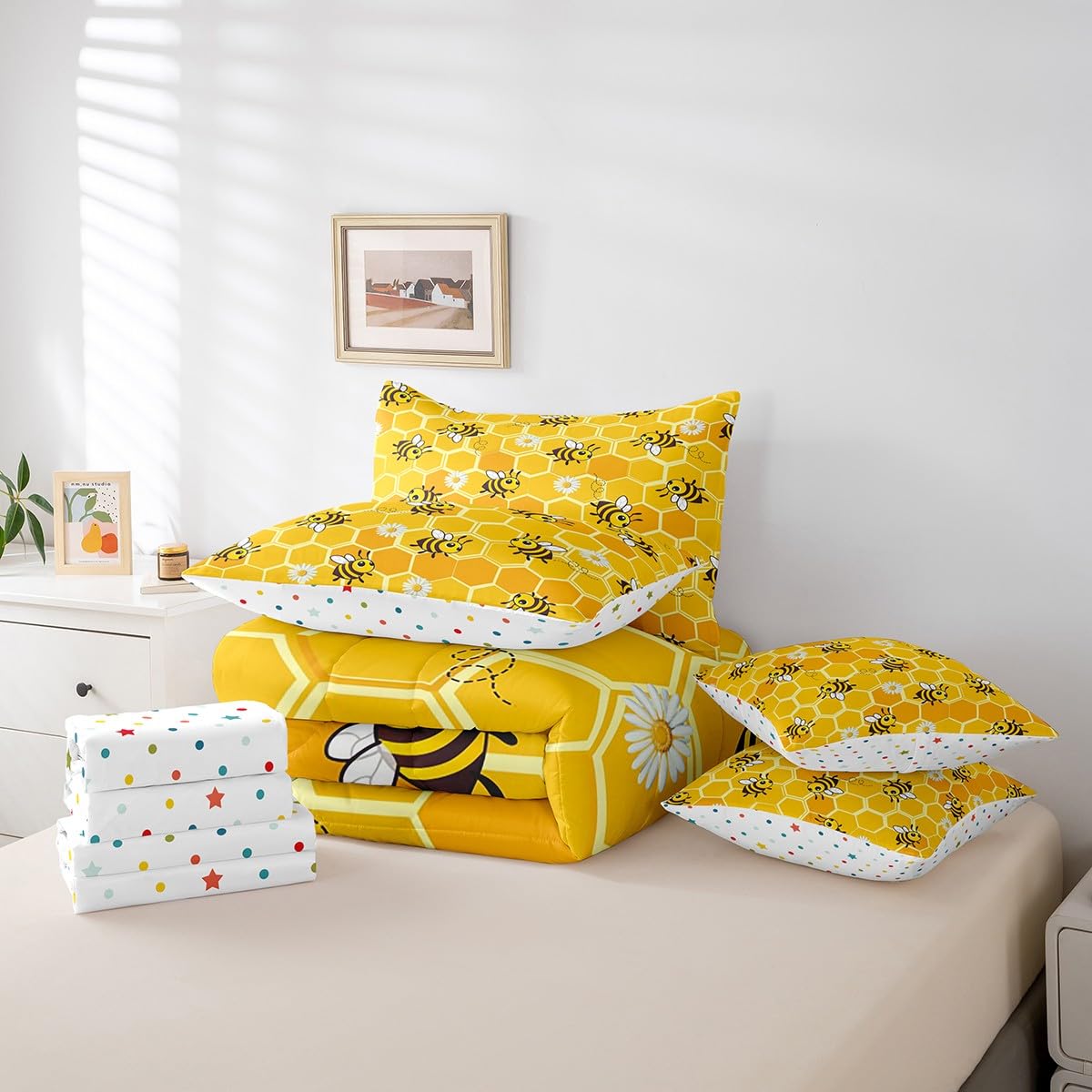 Erosebridal Cute Bee Comforter Set 7 Piece Bed in a Bag Twin,Hexagon Beehive Honeycomb Bedding Sets Rustic Daisy Flowers Comforter and Sheet Set,Cartoon Honeybee Wild Animal Bed Set