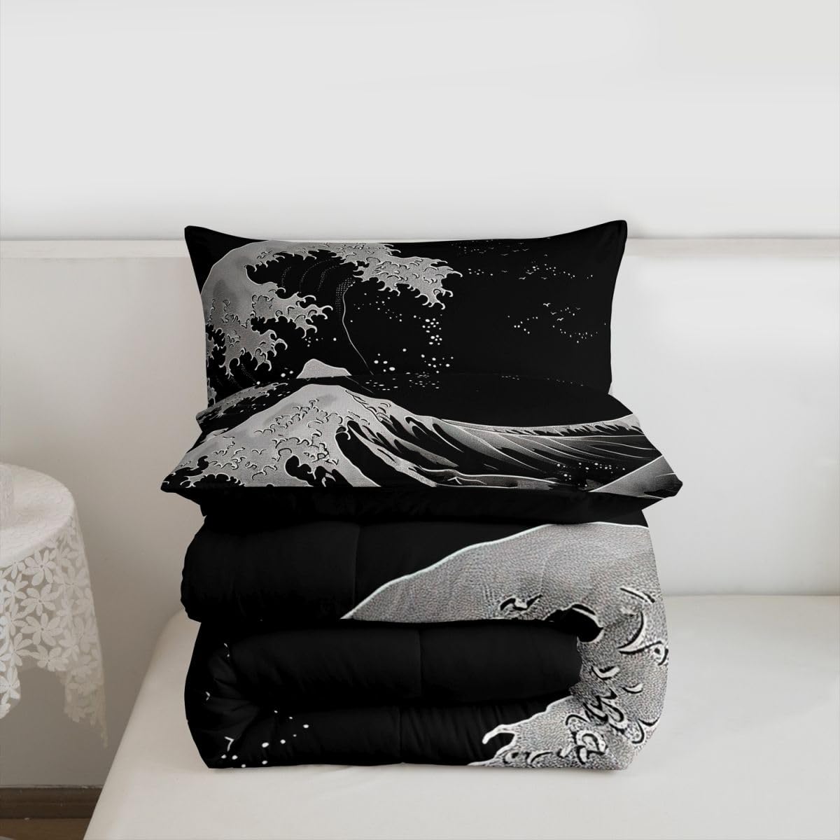 jejeloiu Black and White Wave Bedding Set Soft for Boys Girls, Ocean Wave Comforter Set Queen Size Japanese Style Duvet Quilt Microfiber Abstract Bedroom Decor 3 Pcs with 2 Pillow Cases