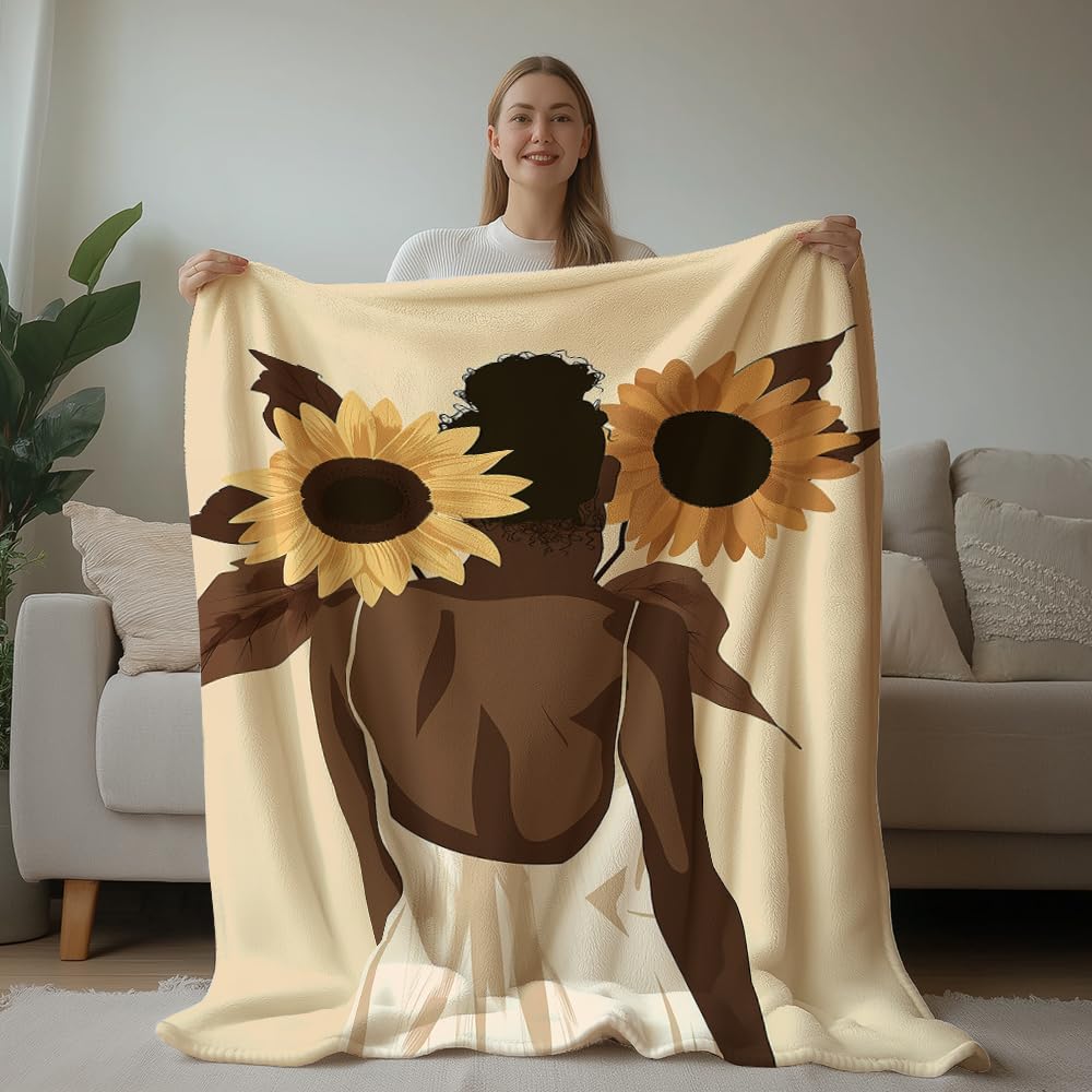 HUNXIAOJ African American Gifts for Women Black Girl Blanket Boho Print Blanket African American Decor Warm Soft Flannel for Girls Woman Teens Adults Bed Sofa Couch (50 in x 60 in)