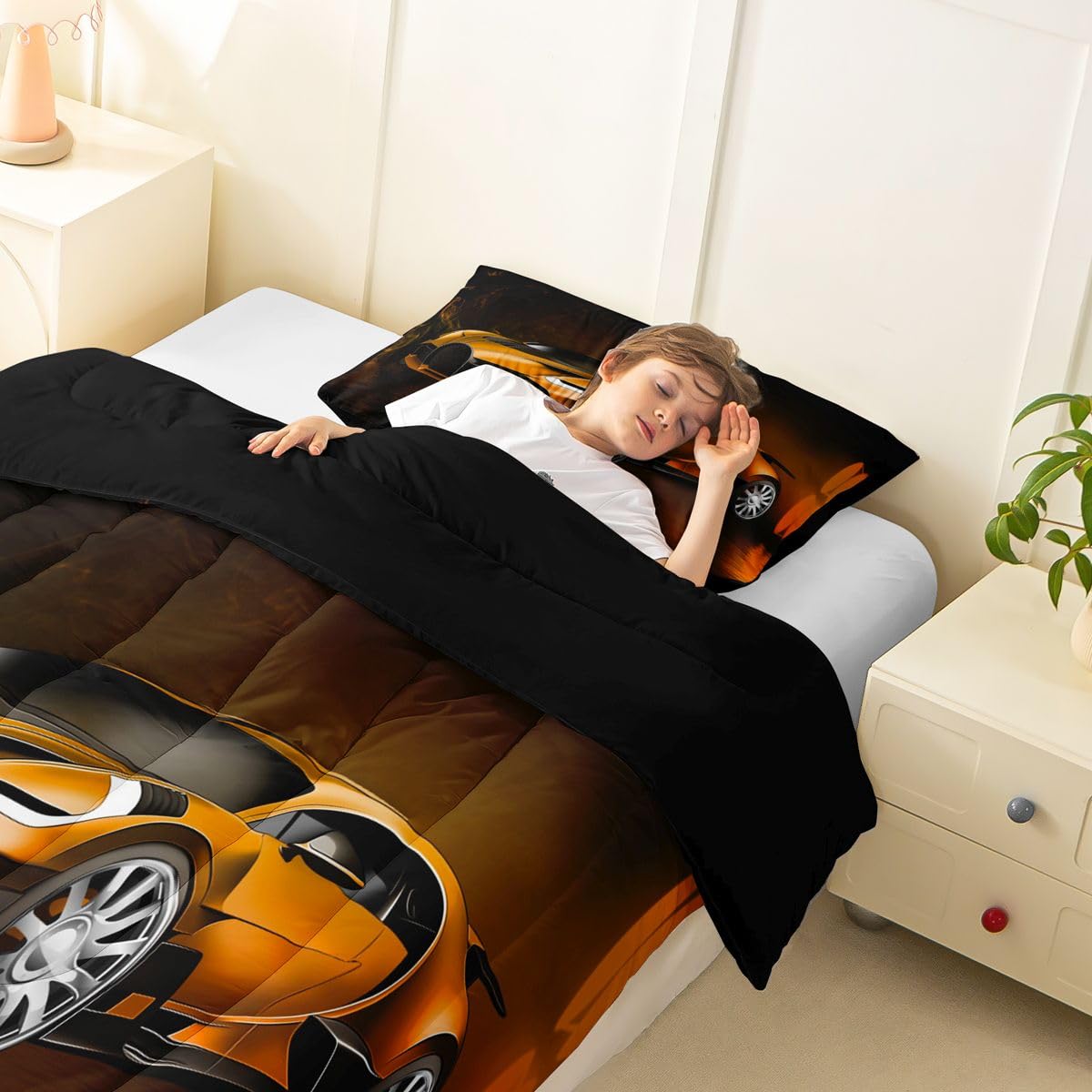 Feelyou Race Car Comforter Toddler Twin, Orange Racecar Bedding Set for Kids Boys Girls Down Duvet Insert Set Cool Speed Sports Car Bedroom Decor Quilt Comforter with 1 Pillowcase Warm Bedding