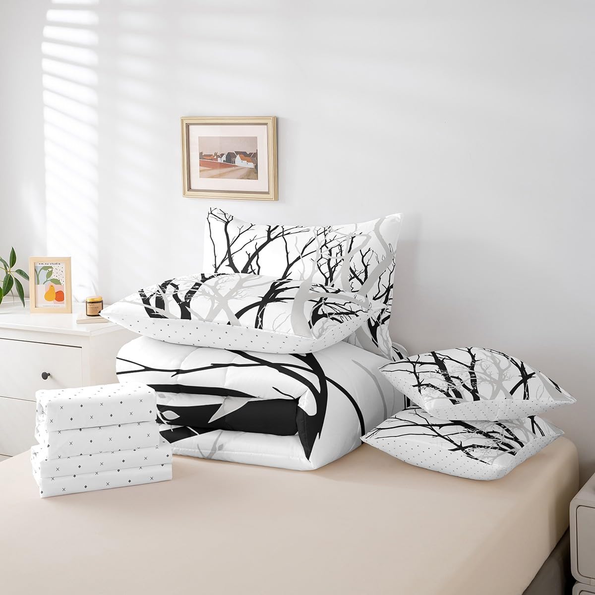 Erosebridal Tree Branch 7 Pcs Comforter Set Queen Size Abstract Ink Bedding Abstract Plant Art Work Botanical Bed in A Bag for Kids Boys Girls Modern Geometric Simple Black Grey Bed Set