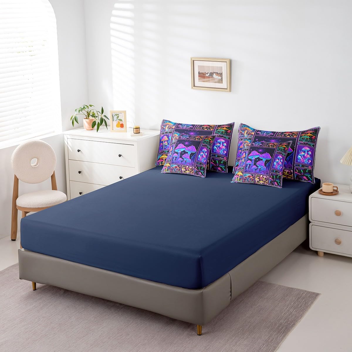 Erosebridal Mushroom Comforter Set King Size,Neon Fungus Bedding Set for Kids Teens,Psychedelic Plant (Comforter+Fitted+Flat Sheet+2 Pillowcases+2 Throw Pillow Covers) 7 Pieces Bed Set