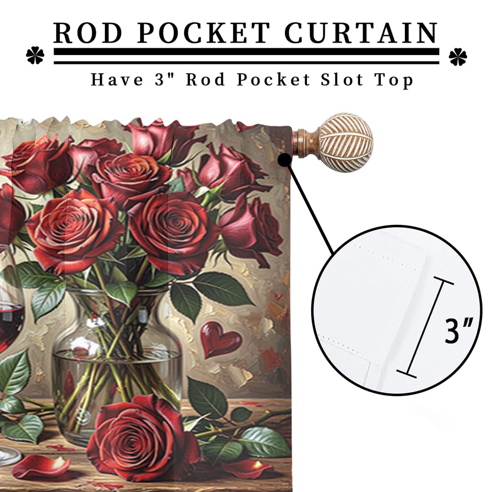 KuracleGH Valentines Day Red Wine Curtains for Bedroom,Aesthetics Floral Red Rose Room Darkening Blackout Window Treatment,Romantic French Wine Glass Rod-Pocket Privacy Curtains,2pcs,Each 21“W x 45”L