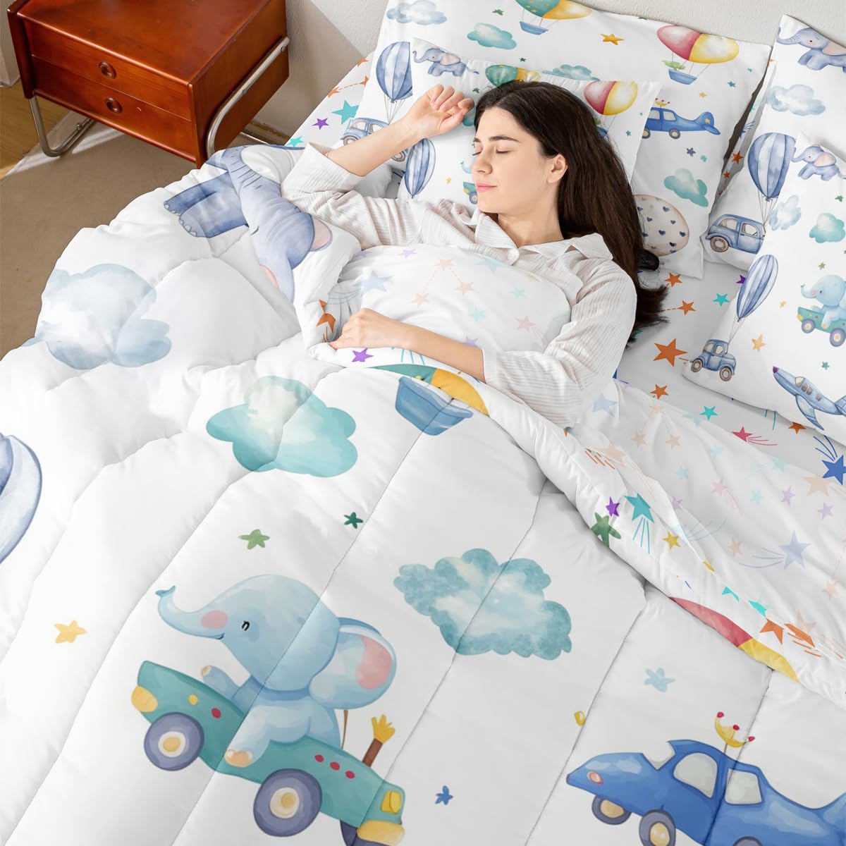 Erosebridal Colorful Hot Air Balloon Twin 7 Pcs Bedding Set, Cute Airplane Aircraft Comforter Set with Sheets for Boys Kids Adults Girls, Cartoon Car Lovely Heart Bed in A Bag, Star Print Bed Sets