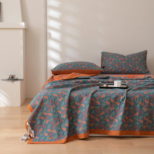 Purefair 100% Cotton Muslin Blanket Jacquard Floral Ginkgo Leaves Quilt, Soft Bed Cover 3 Layers Reversible Bedspread Coverlet Breathable Lightweight Bedding Full/Queen(78"x94"), No Pillow Sham