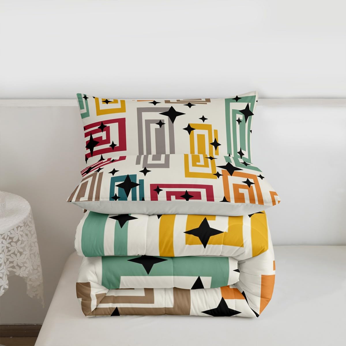 Erosebridal Boho Abstract Geometric Bedding Set King Colorful Geometric Pattern Comforter Set for Kids Boys Girls Black Stars Print Down Comforter,Bohemia Modern Art Quilt Duvet