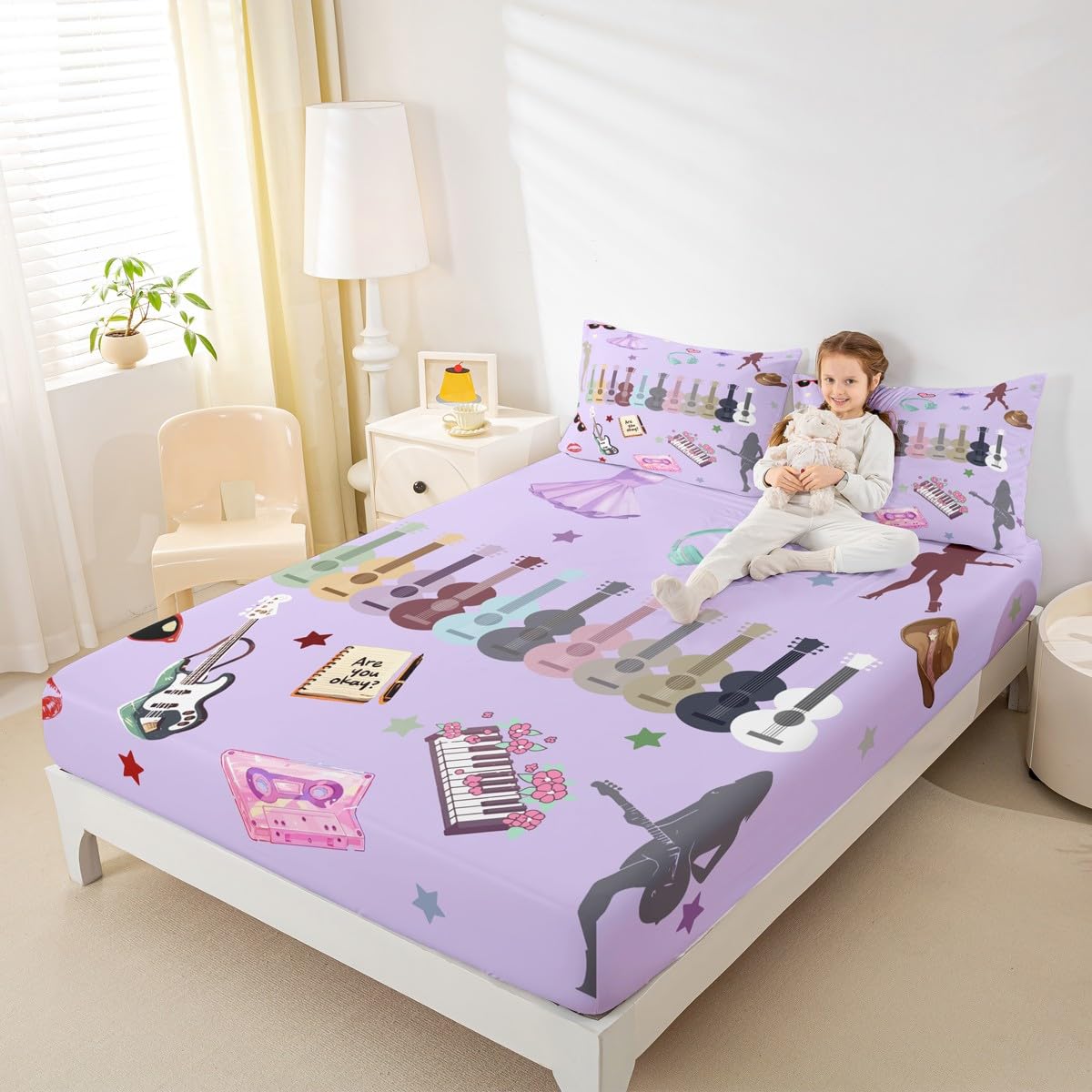 Erosebridal Music Fans Print King Bed Sheets Set Guitar Sheet Set Purple Sheets Modern Fashion Flat Fitted Sheet Gift for Singer Fans