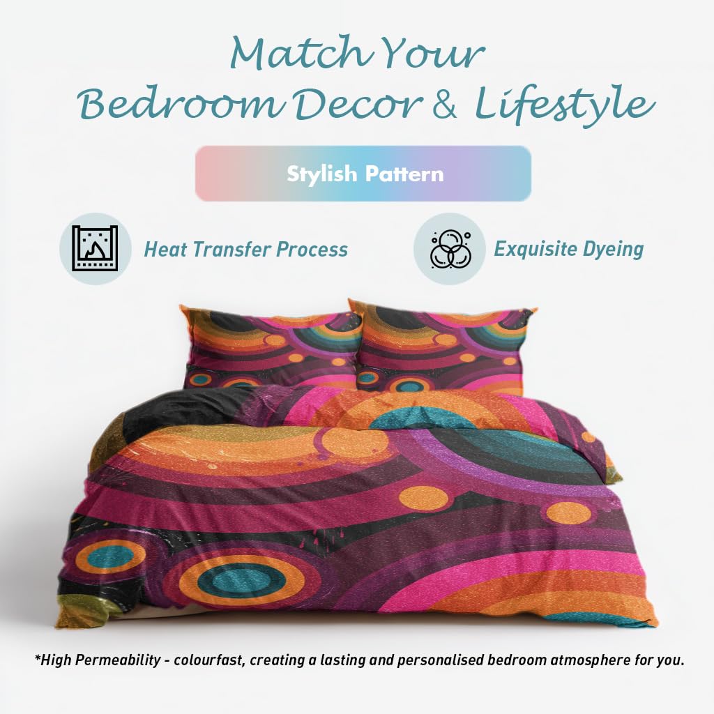 Abstract Geometric Queen Duvet Cover Set 3 Piece, Retro Circle Swirl Reversible Bedding with 2 Pillow Shams, Zipper & Ties, Ultra Soft Microfiber, Abstract Bedroom Decorations 20A-L