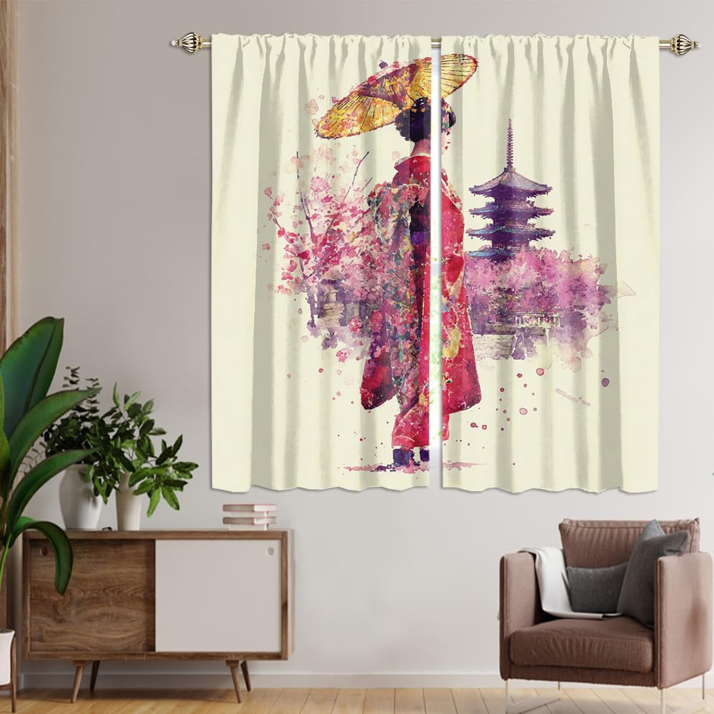 XSUPFLYM Fantasy Retro Japanese Geisha Window Thermal Curtain for Living Room Beautiful Ink Painting Japanese Plant Cherry Blossom Blackout Curtains for Bedroom 2 Panels Each 21" W x 45" L