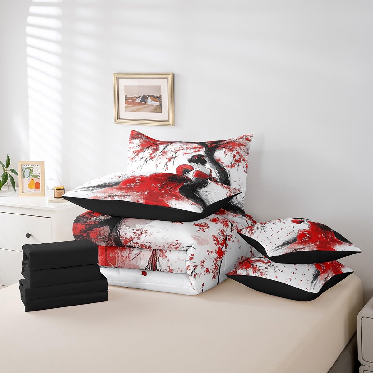 Erosebridal Aesthetic Japan Geisha Comforter Set Twin,Red Cherry Blossom Bedding Set 7Pcs for Kids Teens Adults,Japanese Woman Kimono Quilt,Tradition Ukiyoe Bed in a Bag
