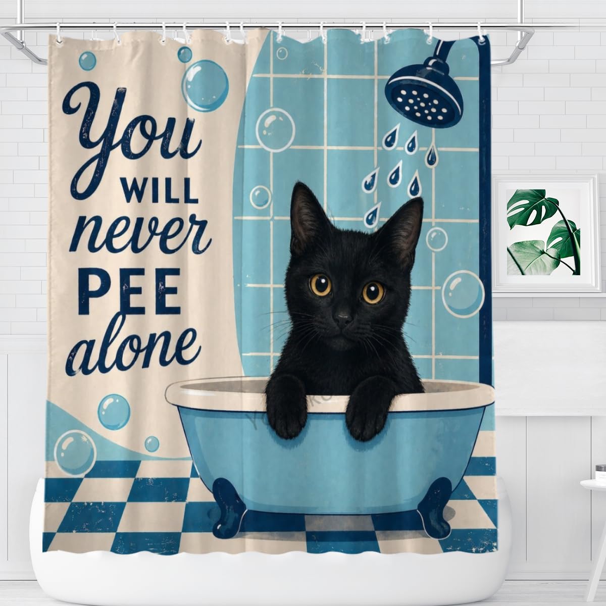 Youtoko Funny Black Cat and Bathroom Humor of You Will Never Pee Alone 72x72 Shower Curtain with 12 Hooks Waterproof Washable Polyester