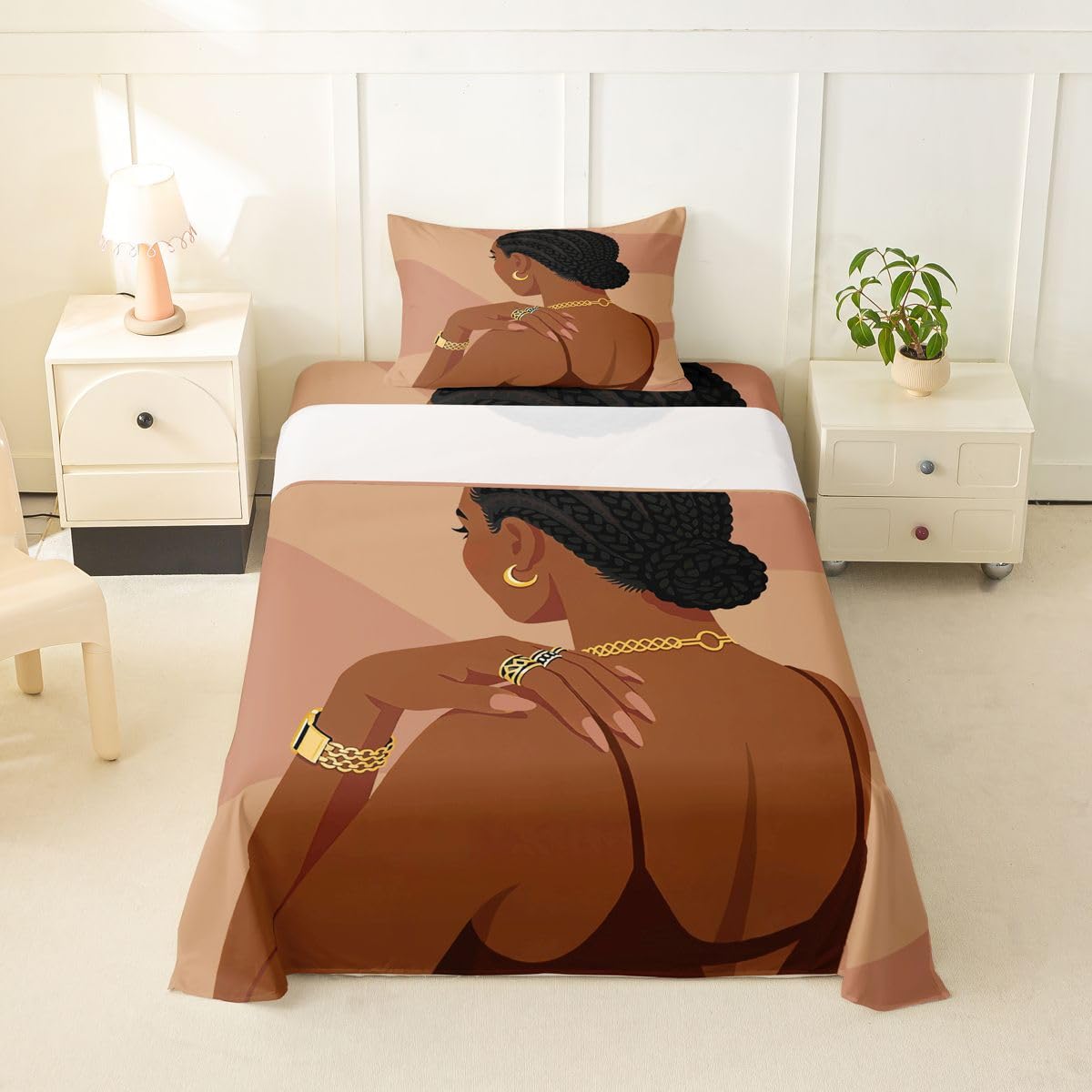 Erosebridal Fashion Black Woman Fitted Sheets Twin Size 3 Piece Romantic Makeup Themed Girls Sheet Set Fashionable Gorgeous Bed Sheets Vogue Afro Girls Top Sheet for Kids Teens Adult Bedroom