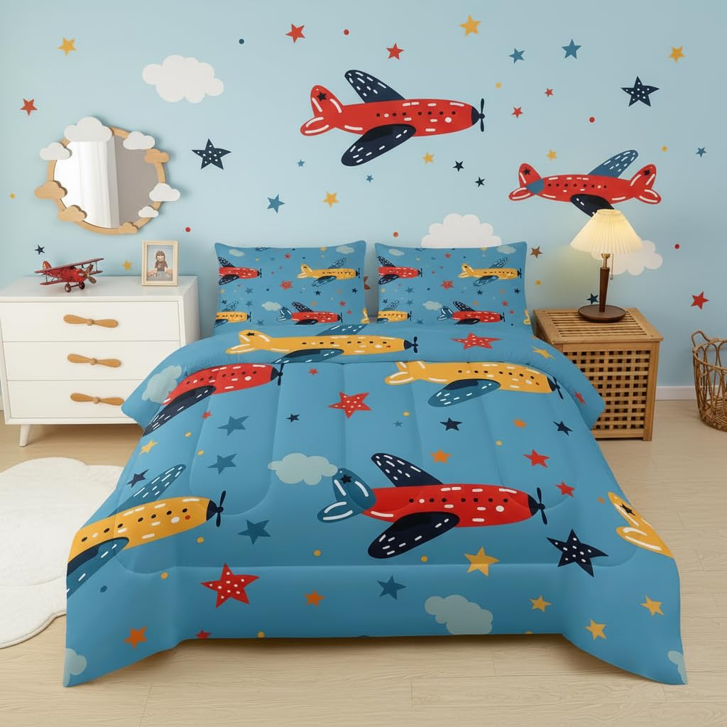 lneffble Kids Aeroplane Comforte Set Twin，Blue Airplane Bedding for Boys，Cute Star Quilt Pattern，Cute Bedroom Decor for Kids，1 Comforter 2 Pillow Cases