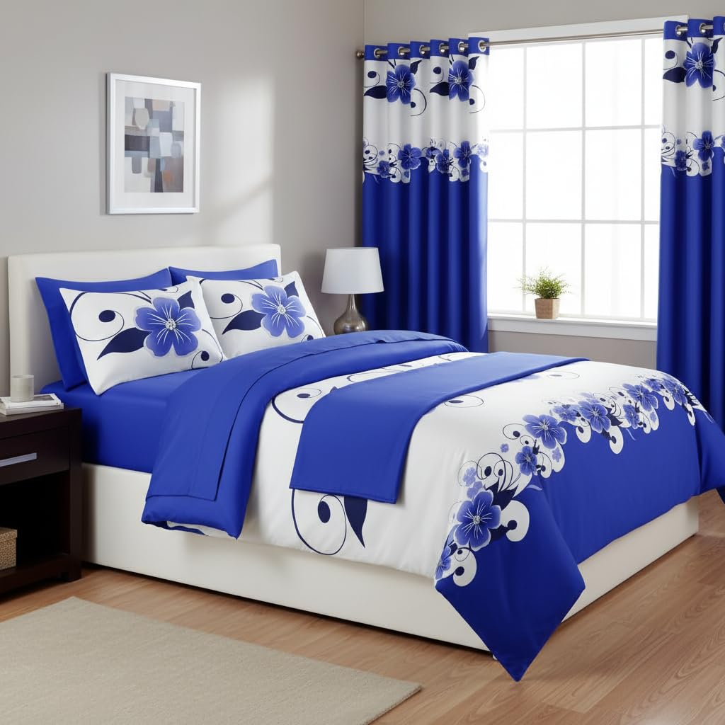 12-Piece Royal Blue Gardenia Duvet Cover Set King with Curtains, Floral Bed in a Bag King with Sheets, Matching Curtains Comforter Cover, Soft Microfiber Bedding Set Zipper Closure, Ideal Gift