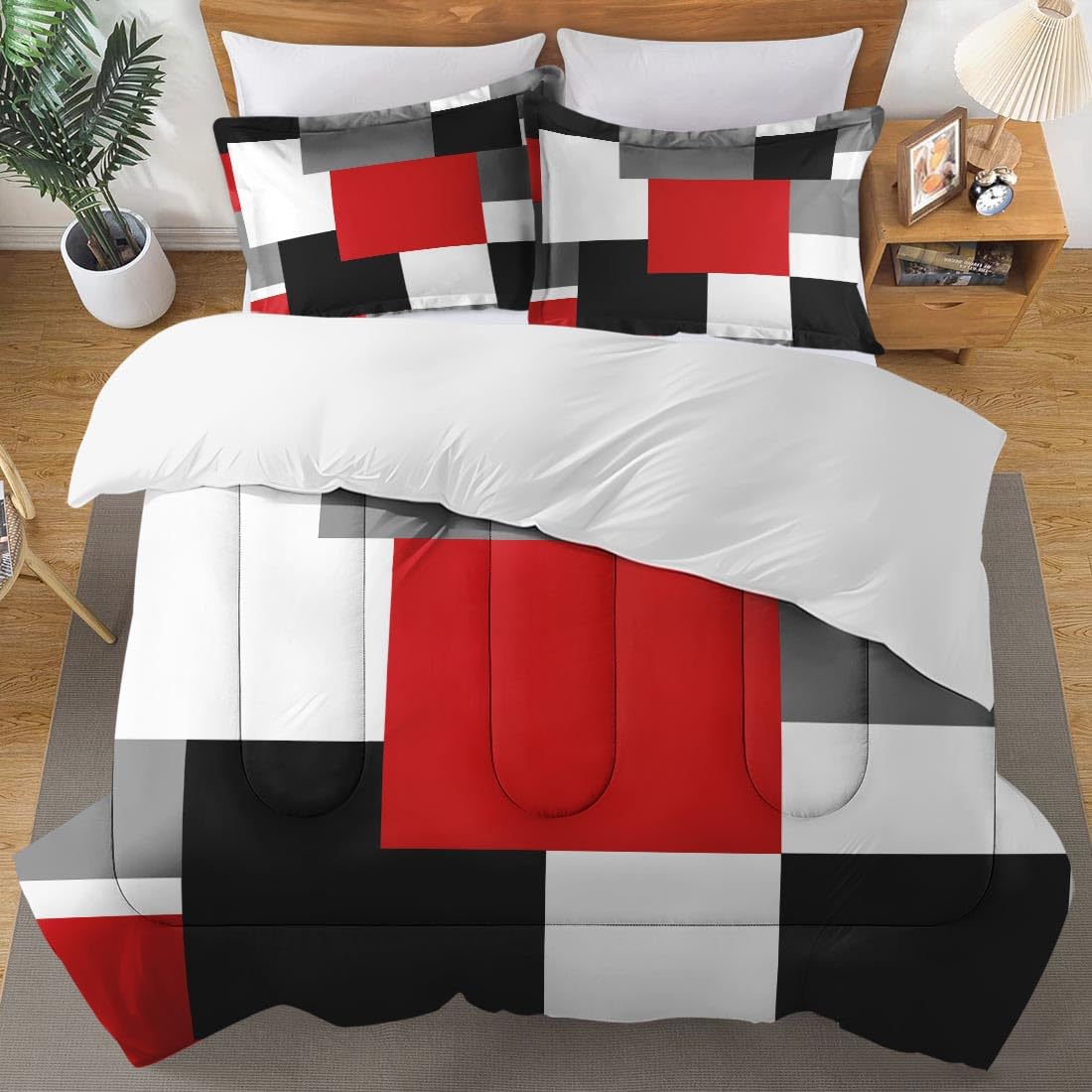 Culudea Geometric Red Checkered Comforter Set Twin Size, Black and Gray Modern Soft Bedding Set with Pillowcases for Girls Teens Kids Boys Adults Bedroom Bed Decor,1 Quilt 1 Pillow Case