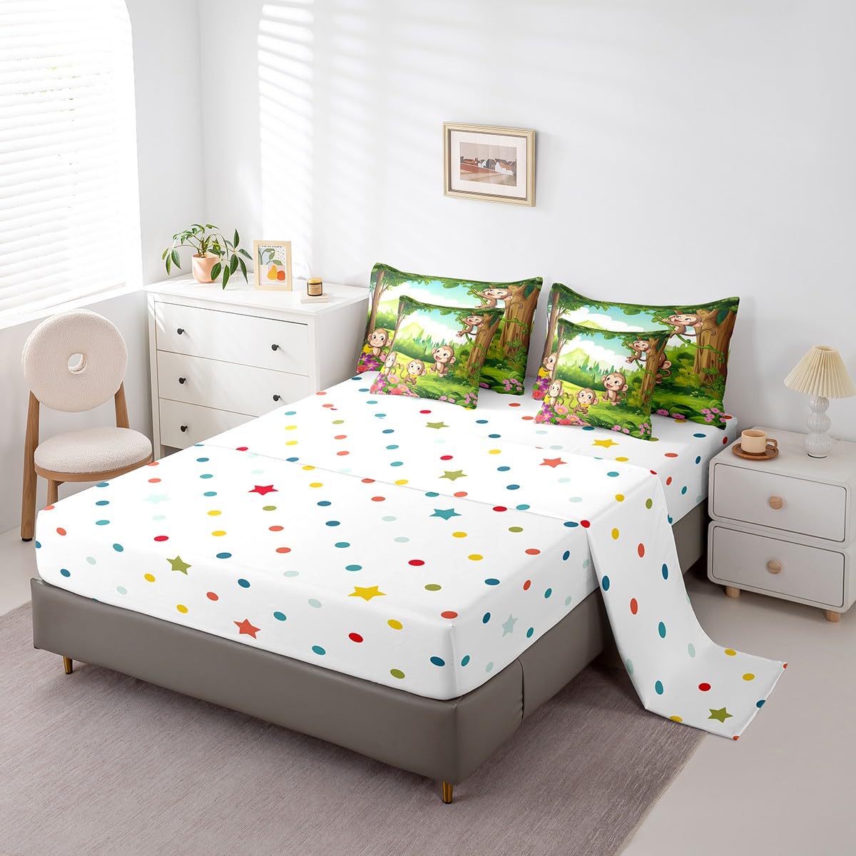 Erosebridal 7 Piece Monkey Bed in a Bag Kids Girls Cute Cartoon Animal Sheet Set Green Nature Plants Floral Decor Bedding Set with Comforter Natural Rustic Garden Theme Cushion Covers, Twin Size