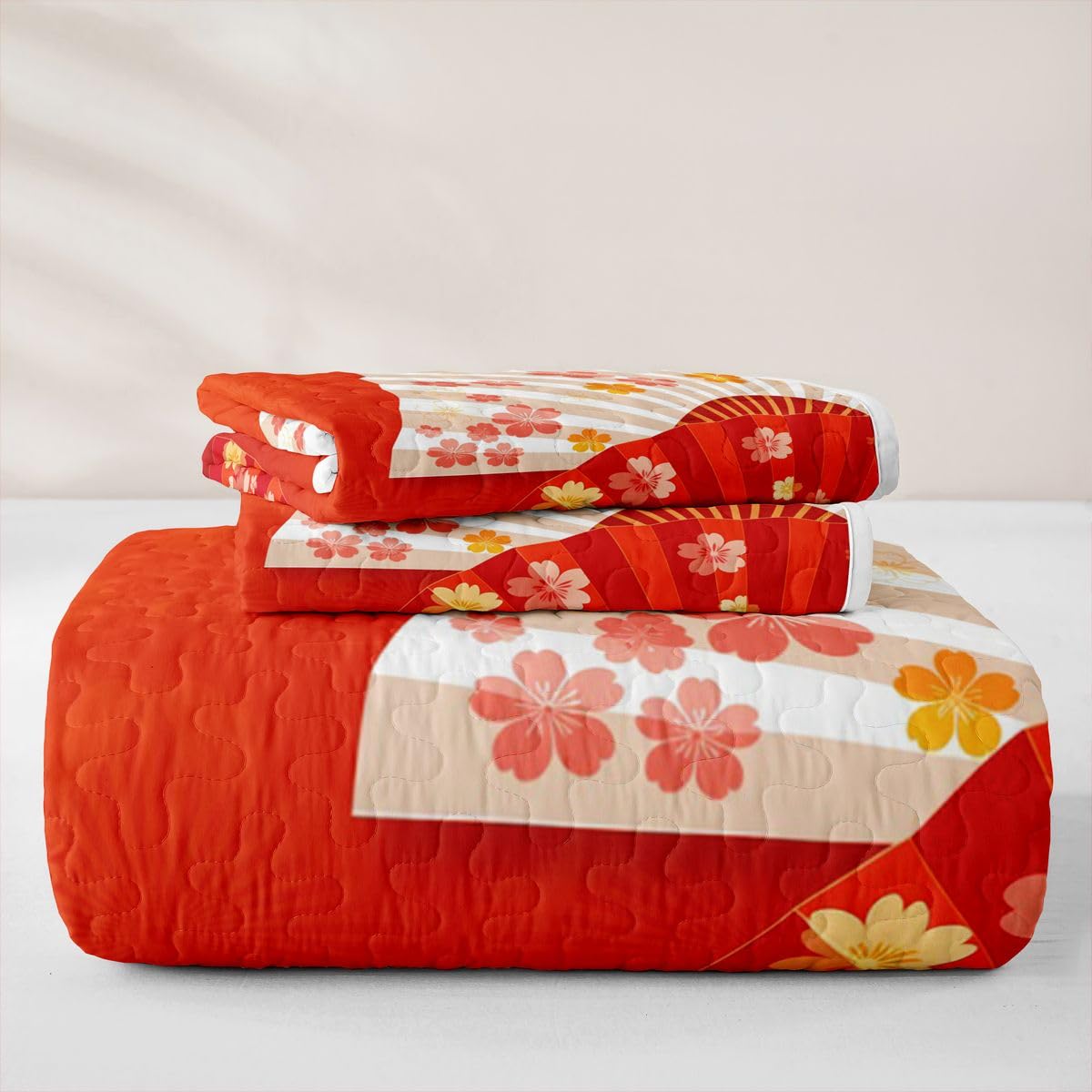 Erosebridal Japanese Red Quilts Twin Size - Folding Fans Bedspread Coverlet Set, Sakura Cherry Blossom Gift Quilt Coverlets 2Pcs (Only 1 Pillowcase)