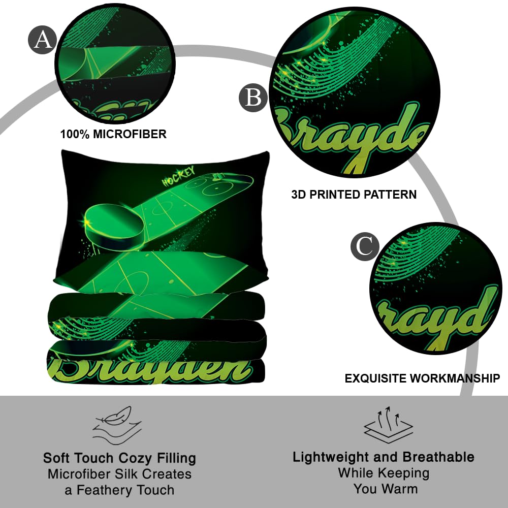 WAZARO Personalized Hockey Comforter Set, Hockey Bedding Twin Full Queen King, Hockey Blankets for Boys Ice Hockey Tapestry Down Comforters Hockey Bedroom Decor (Green Hockey Stadium)