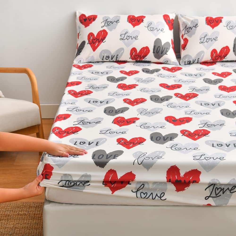 Feelyou Girls Heart Fitted Sheet Twin Size Women Hearted Love Pattern Bed Sheet Set for Kids Teens Bedroom Romantic Decor Red Gray Bedding Set with Pillow Case Microfiber Soft and Cozy Bed Cover