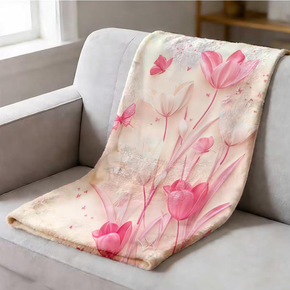 ZHOUSHUTONG White Pink Tulip Butterfly Flannel Throw Blanket, Soft Cozy Warm Plush Floral Blanket for Couch Bed Sofa, Elegant Flower Print Decorative Blanket, Gift for Women Girls 49"x59"