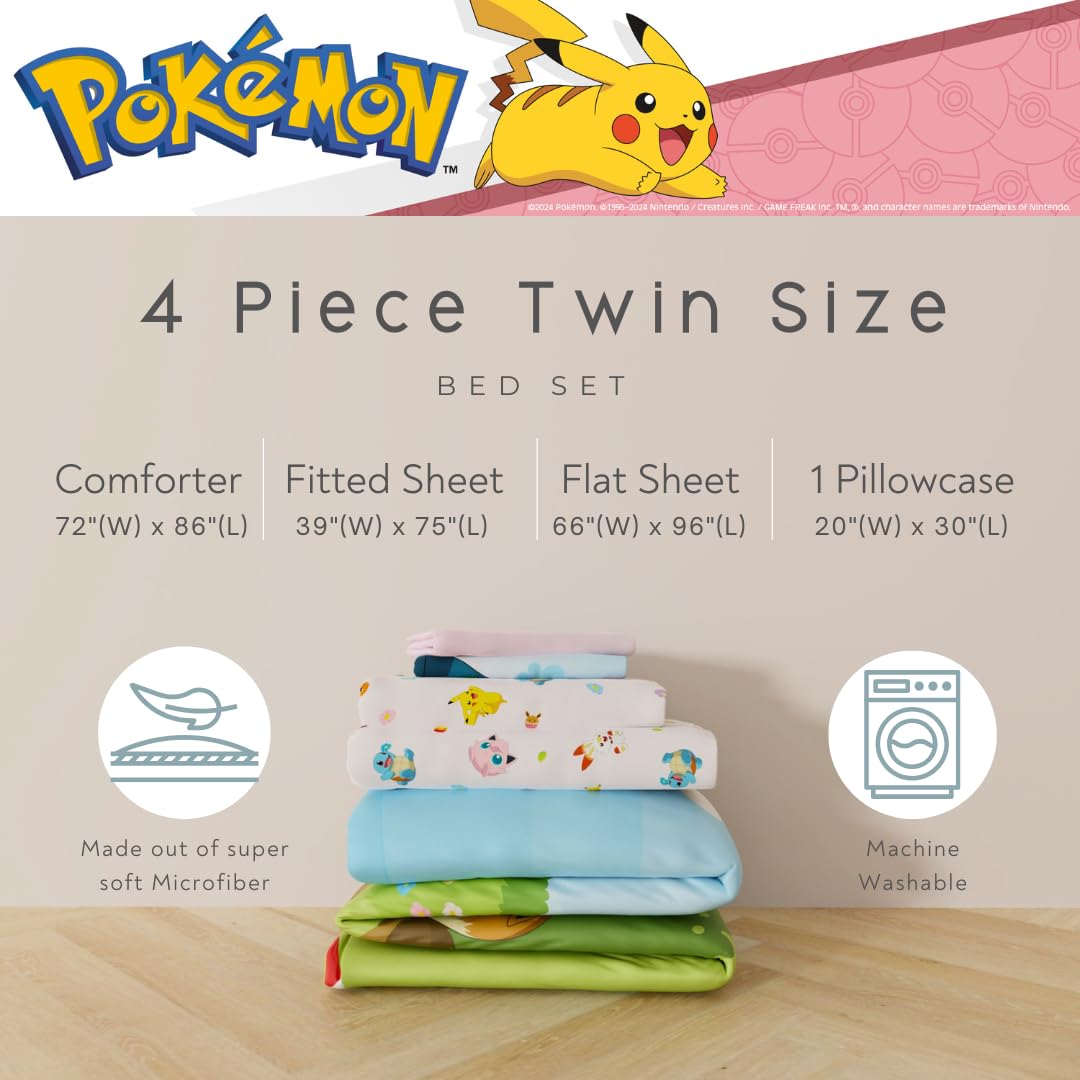 Pokemon Bedding Super Soft Comforter and Sheet Set with Sham, 4 Piece Twin Size, Featuring Snorlax, Pikachu, Eevee & Jigglypuff (Officially Licensed Product) by Franco