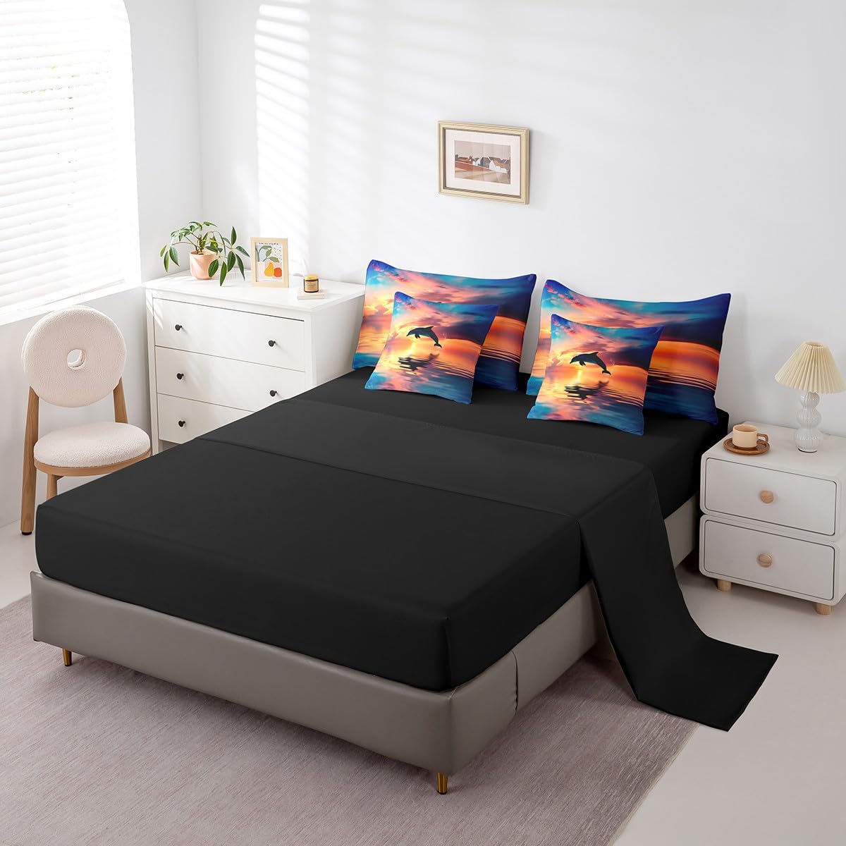 Erosebridal 7 Pcs 3D Dolphin Bedding Sets Blue Ocean Quilt with Flat Fitted Sheet Twin Coastal Animals Bed in A Bag Sunrise Ocean Landscape Comforter Set