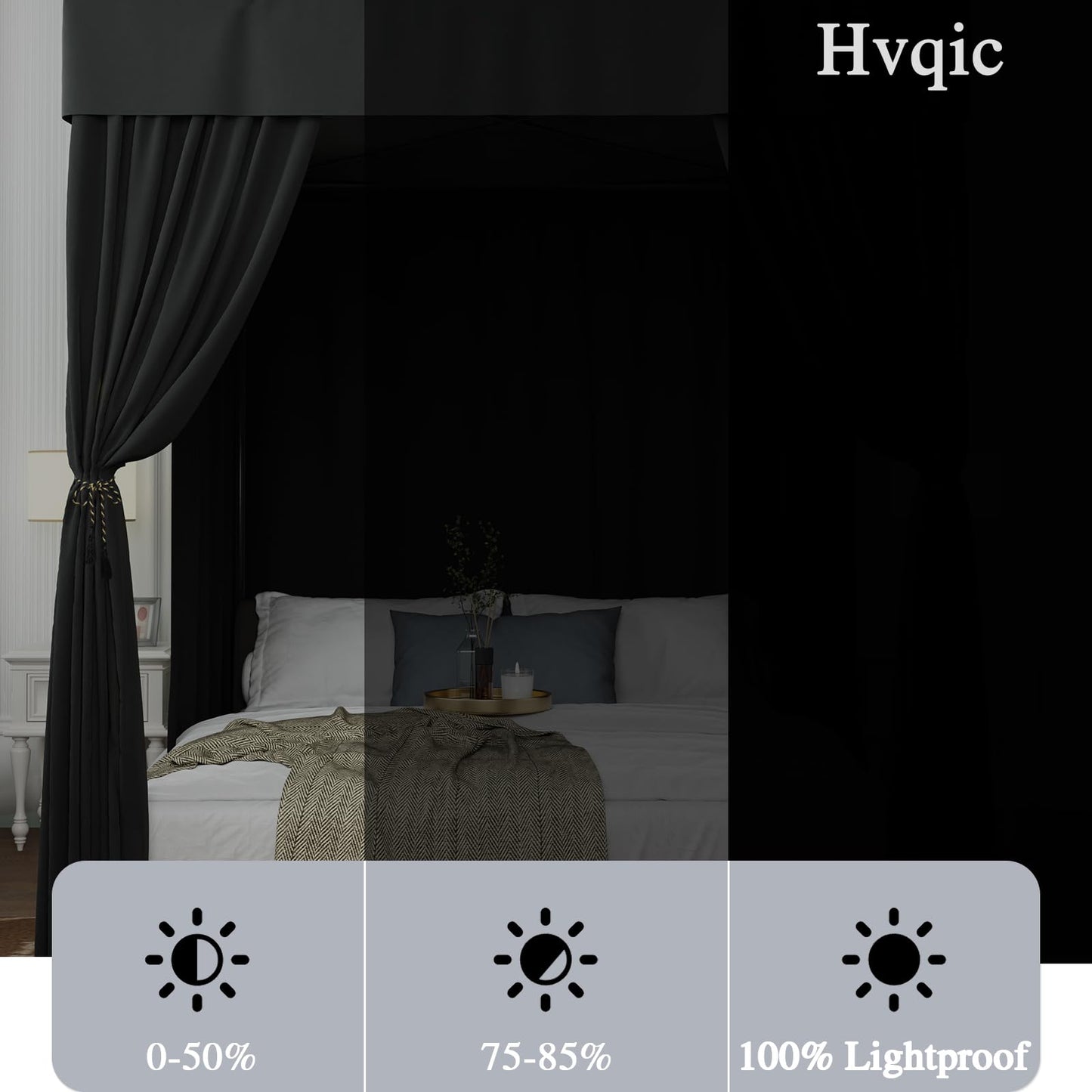 Hvqic Black Canopy Bed Drapes - 4 Corner Post Canopy King Bed Curtain Lightproof Drapes Bed Canopy for Adults & Girls Bedroom Decoration (King, Black)