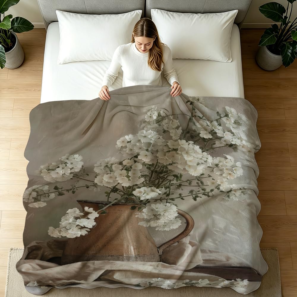 HUNXIAOJ Floral Throw Blanket Flower Blanket for Girls Wildflower Flannel Floral Bedding Warm Soft Flannel for Adults Women Bed Sofa Couch (49in x 59in)