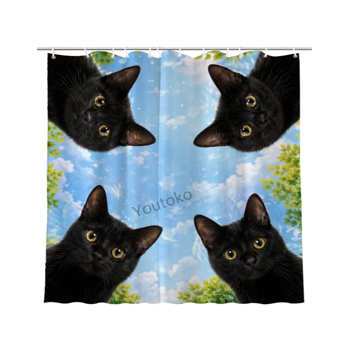 Youtoko Cute Black Cat Bathroom Decor Shower Curtain 72x72 Inch with 12 Hooks Blue Sky Nature Animal Waterproof Washable Polyester