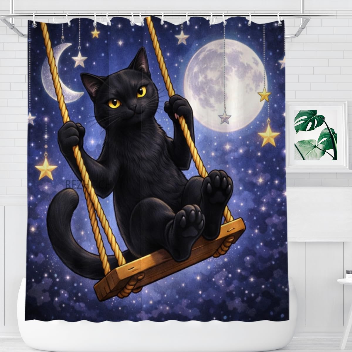 REZHOCH Funny Black Cat Shower Curtain 72x72 Inch,Cute Animal on Swing,Nature Scenery Floral Home Bathroom Decor,Waterproof Fabric Country Farmhouse Flowers Bath Set with Hooks