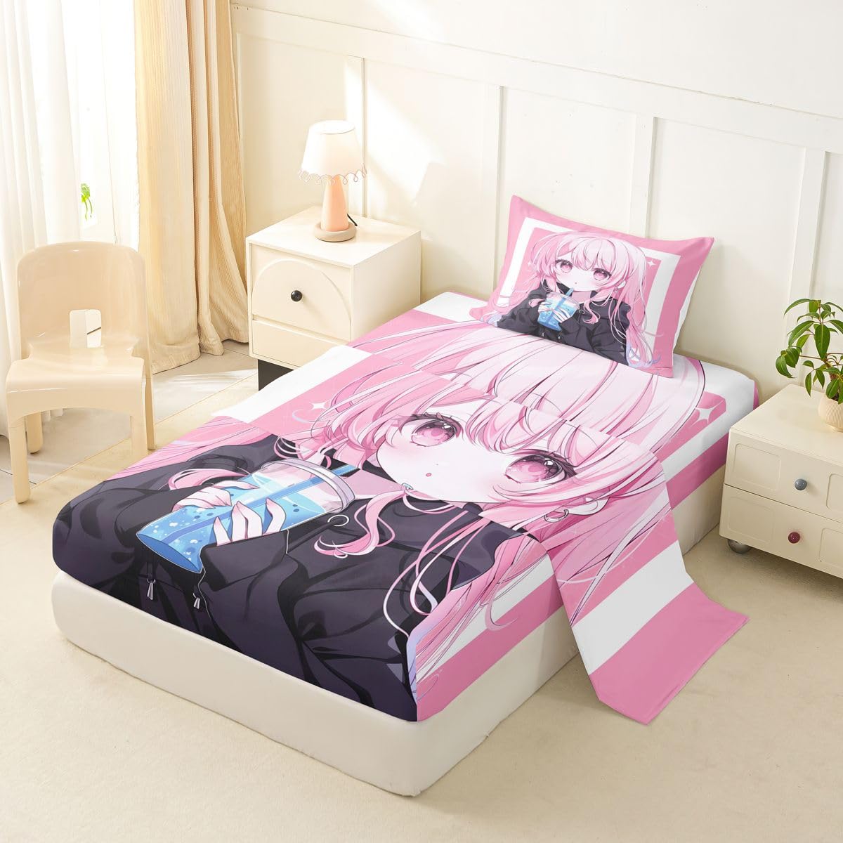 Erosebridal 3D Japanese Sheets Twin Anime Girl Drinking Milk Tea Bed Sheets Set Cute Kawaii Girly Sheet Set for Boys Girls Modern Fashion Aesthetic Bed Sets 3Pcs