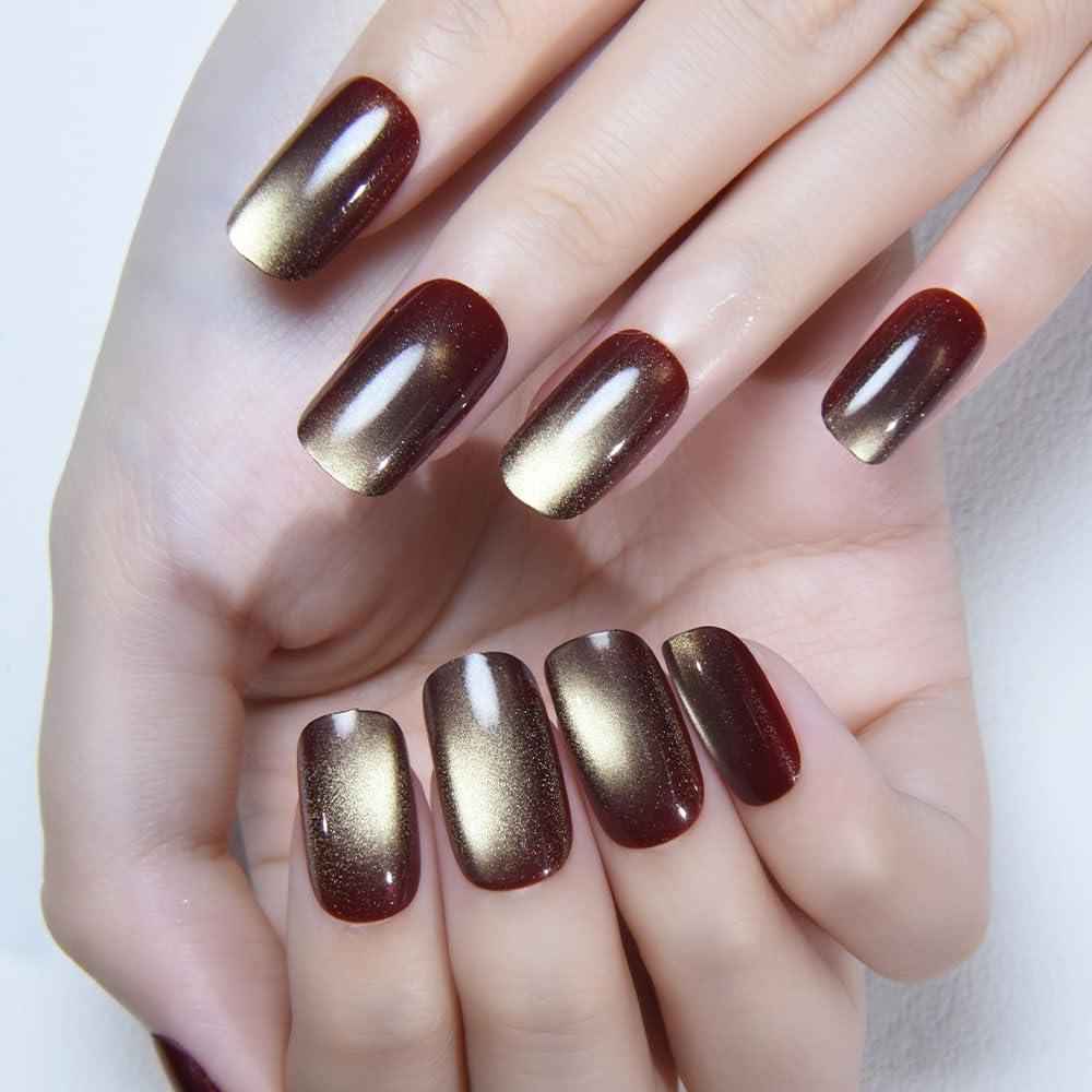 Brown Khaki Reflective Cat Eye Press on Nails Medium Square, Medium Square Press Stick on Nails Chrome for Women, Holographic Glitter Glossy Reusable Gel Acrylic Fake Nail with Designs Cateye Effect
