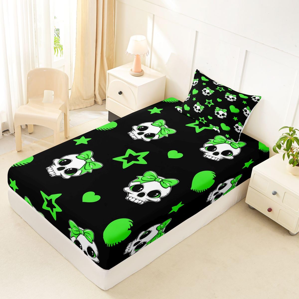 Castle Fairy Cute Skeleton Bed Sheets Twin Size,Exotic Skull Star Love Bowknot Print Easy Wash Bedding Set,Halloween Theme Kids Room Decor,Black Green Sheet(Fitted+Flat+1 Pillowcase)