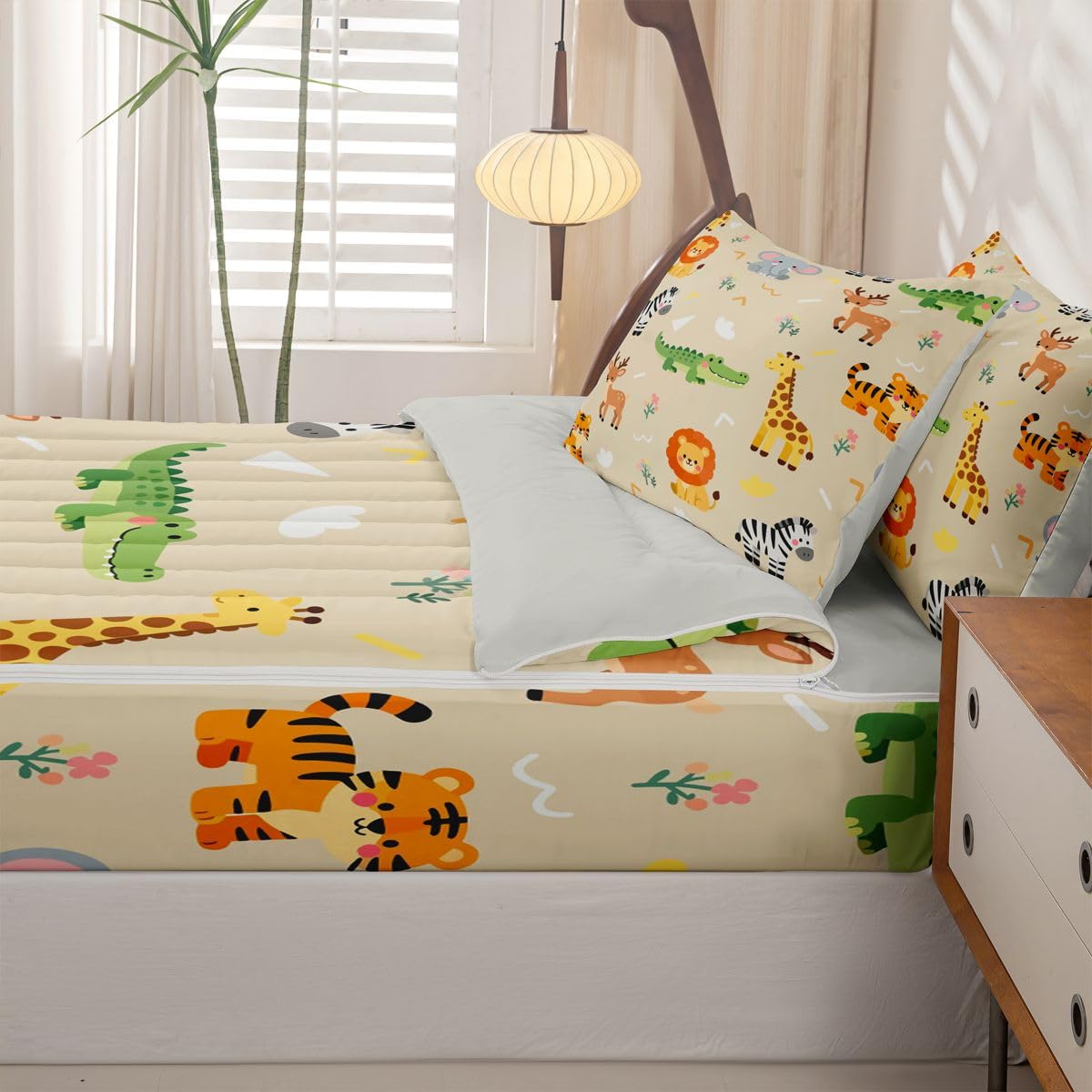 Erosebridal Kids Zoo Animal Zipper Bedding Nursery Cute Wild Animals Zippable Comforter Set Lion Elephant Crocodile Wildlife Bed in a Bag Twin Size Safari Wild Print Natural Theme Zip Up Bed Set