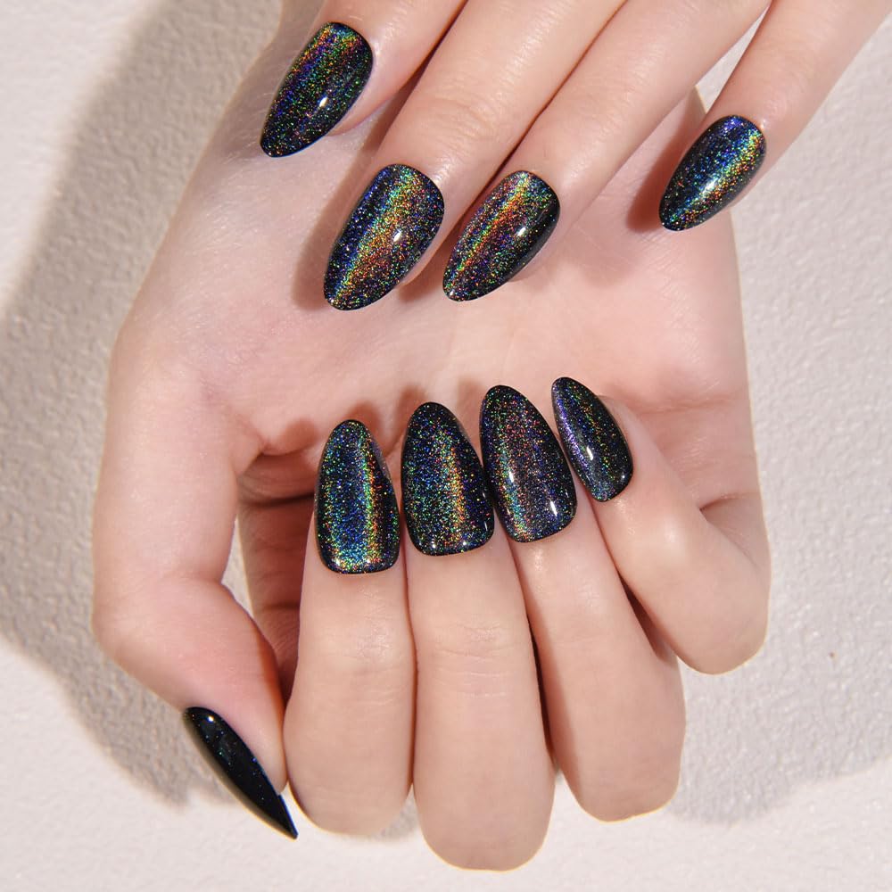 evpct Black Cat Eye Press on Nails Short Almond No Glue, Iridescent Colorful Metallic Glitter Glossy Stick on Nail for Women Gift with Kit, Reusable Full Cover Soft Gel Press on Fake Nail with Design