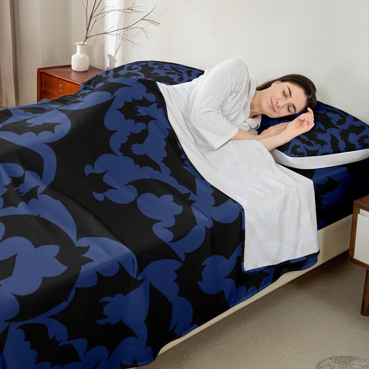 Castle Fairy Halloween Themed Bed Sheet Set for Boys Girls,Black Bats Animal Print Bed Sheet Set Full Size Bedding Set,Dark Navy Blue Color Fitted Sheet and 1 Flat, 2 Pillow Sham